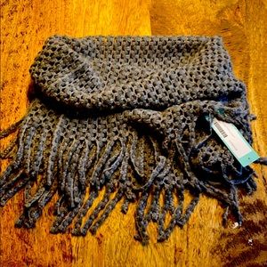Gray fringe infinity scarf.